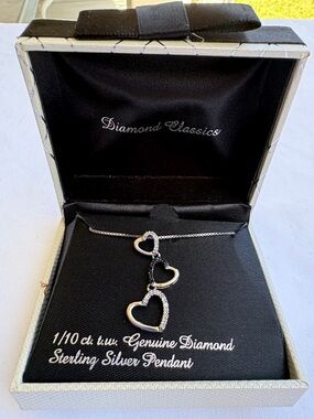 NWT Sterling Silver and Diamond Triple Heart Pendant Necklace